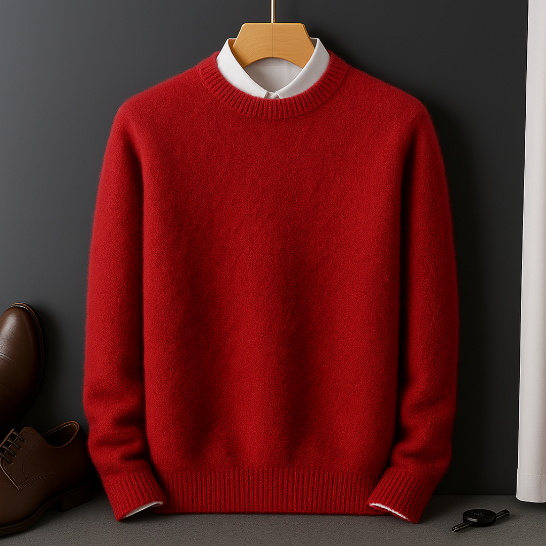 Bas - Heren Gebreide Trui met Cashmere Blend Ribgebreide Boord en Lange Mouw