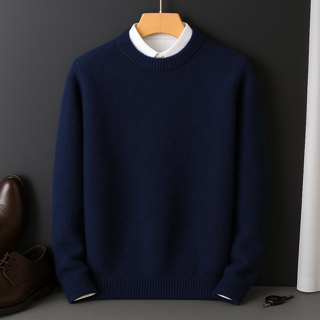 Bas - Heren Gebreide Trui met Cashmere Blend Ribgebreide Boord en Lange Mouw