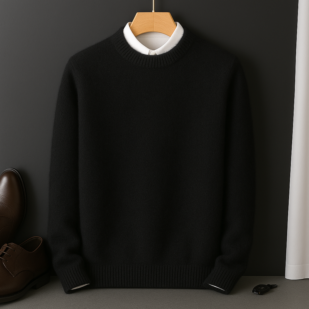 Bas - Heren Gebreide Trui met Cashmere Blend Ribgebreide Boord en Lange Mouw