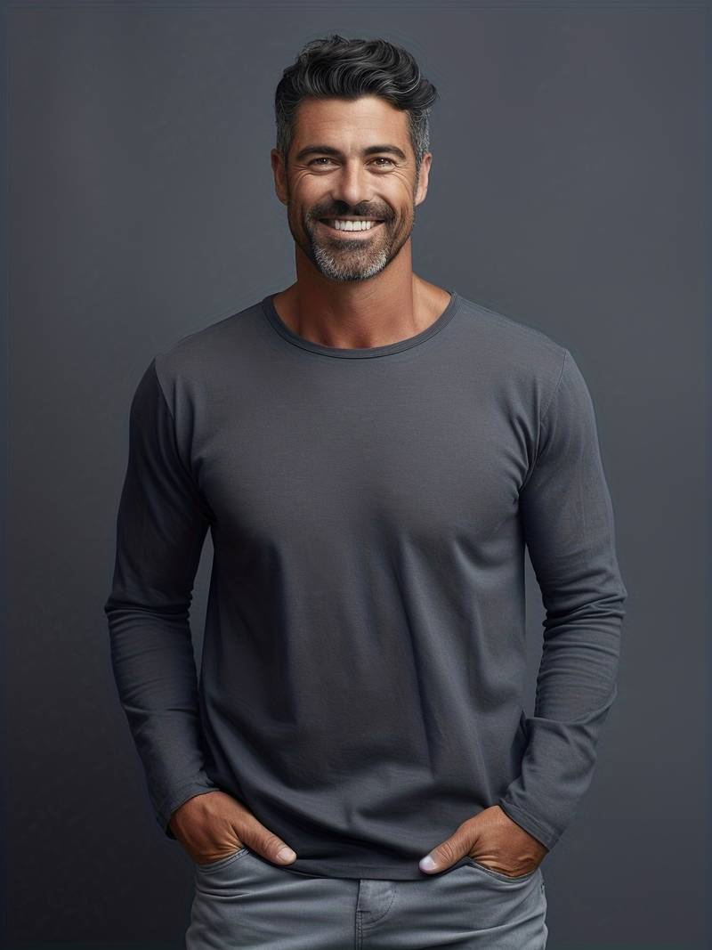 Bas - Heren Longsleeve Top Casual met Ronde Hals en Rechte Pasvorm