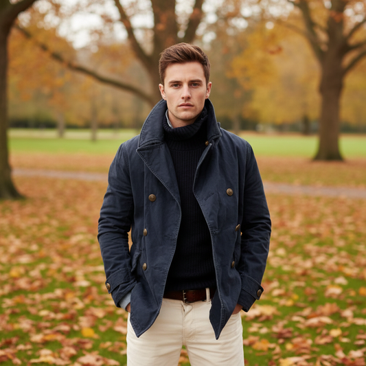 Bas - Heren Winterjas Net Peacoat met Dubbele Knopenrij en Brede Kraag