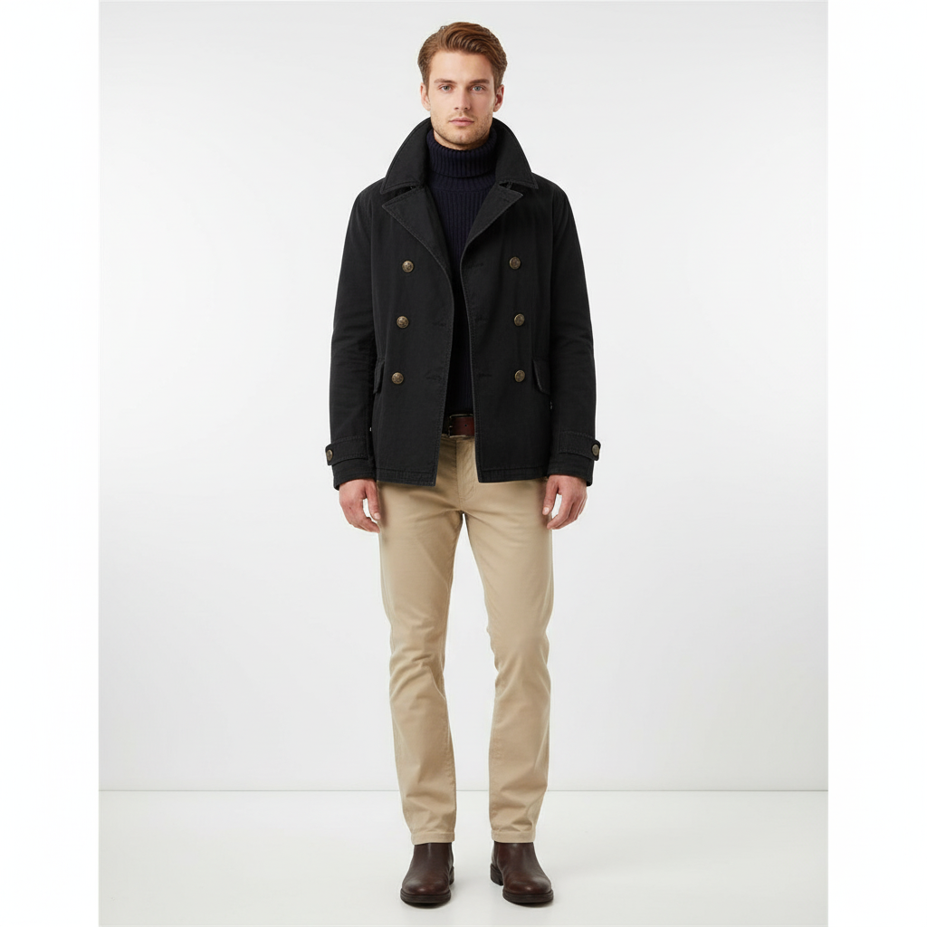 Bas - Heren Winterjas Net Peacoat met Dubbele Knopenrij en Brede Kraag