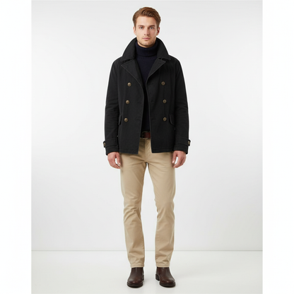 Bas - Heren Winterjas Net Peacoat met Dubbele Knopenrij en Brede Kraag