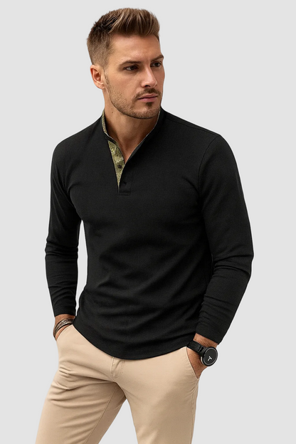 Bram - Heren Polo Longsleeve met Opstaande Kraag Ritssluiting en Ribboord