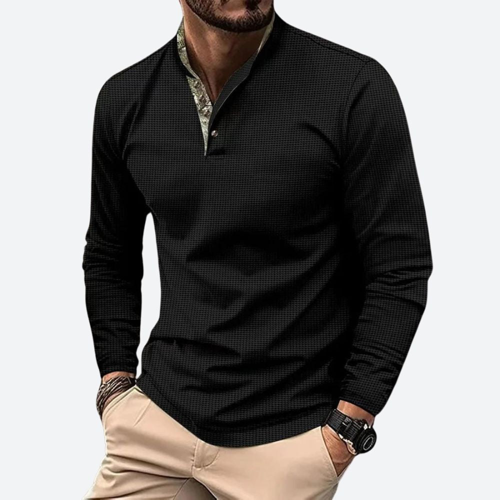 Bram - Heren Polo Longsleeve met Opstaande Kraag Ritssluiting en Ribboord