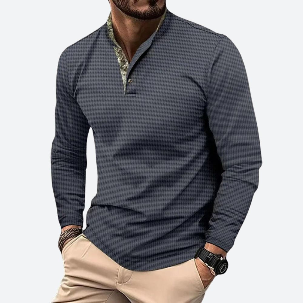 Bram - Heren Polo Longsleeve met Opstaande Kraag Ritssluiting en Ribboord