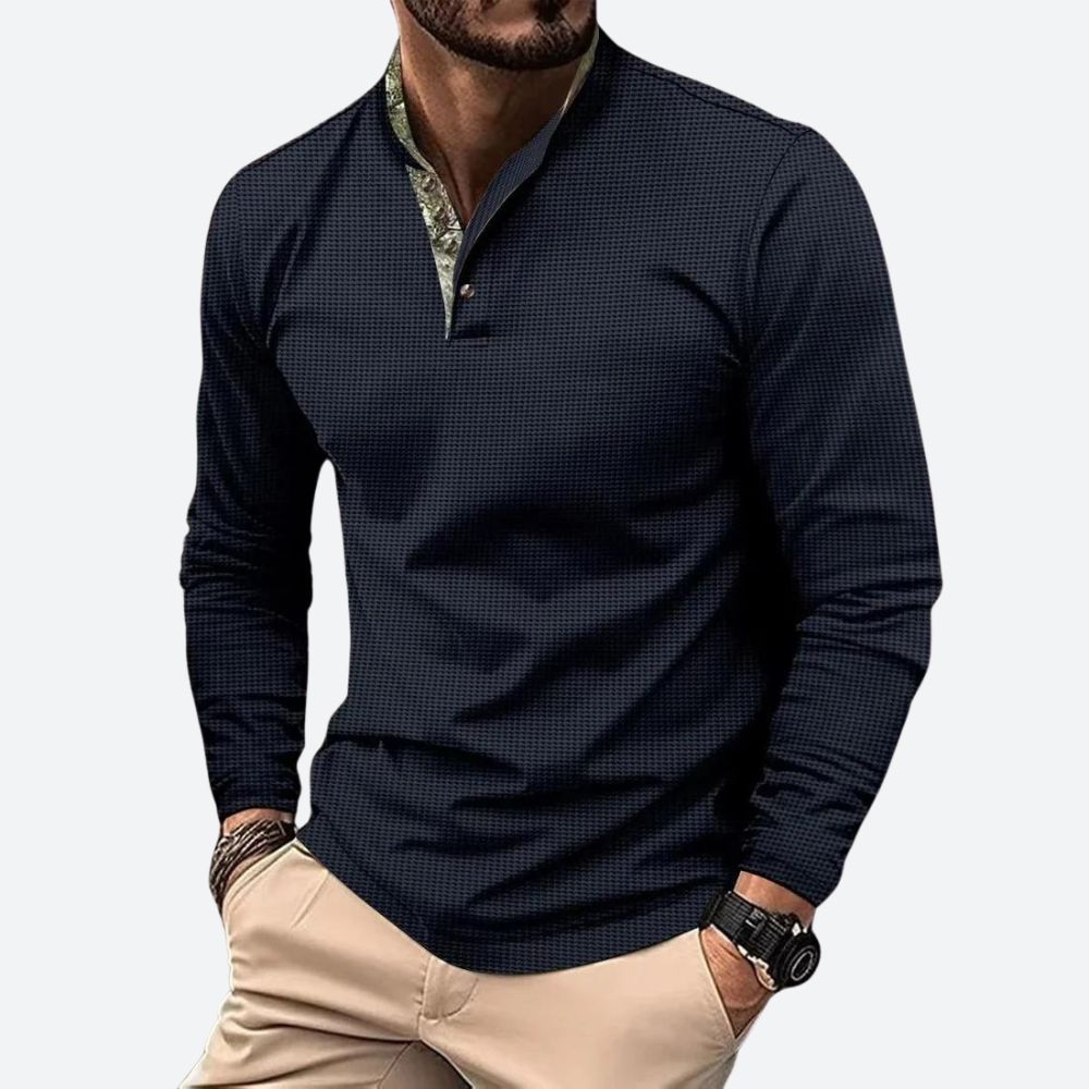 Bram - Heren Polo Longsleeve met Opstaande Kraag Ritssluiting en Ribboord