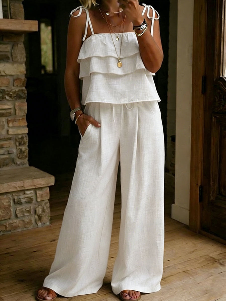Britt - Boho Linnen Set Dames met Volant Top en Wijde Broek
