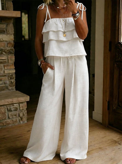 Britt - Boho Linnen Set Dames met Volant Top en Wijde Broek