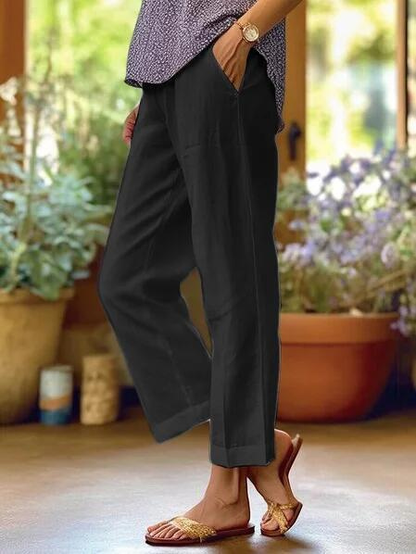 Britt - Casual Linnen Broek Dames met Elastische Taille en Omslag