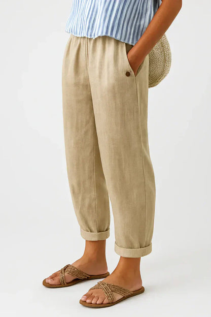 Britt - Casual Linnen Broek Dames met Elastische Tailleband en Omgeslagen Zoom