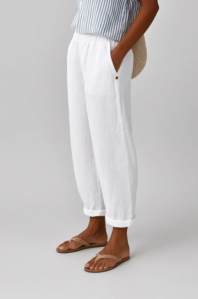 Britt - Casual Linnen Broek Dames met Elastische Tailleband en Omgeslagen Zoom