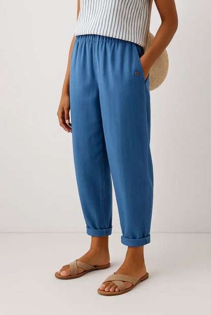 Britt - Casual Linnen Broek Dames met Elastische Tailleband en Omgeslagen Zoom