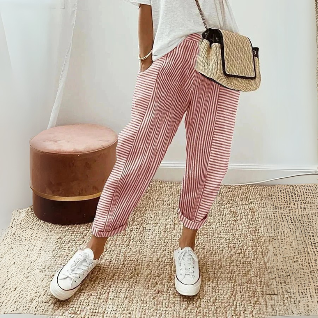 Britt - Casual Linnen Pantalon Dames met Gestreept Patroon en Elastische Enkels