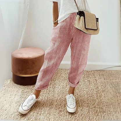 Britt - Casual Linnen Pantalon Dames met Gestreept Patroon en Elastische Enkels