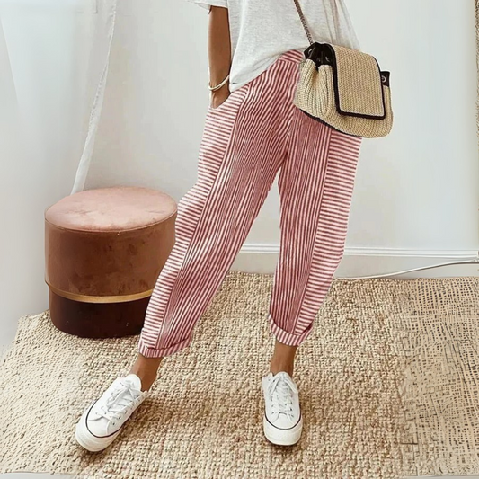 Britt - Casual Linnen Pantalon Dames met Gestreept Patroon en Elastische Enkels