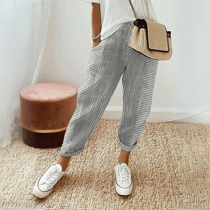 Britt - Casual Linnen Pantalon Dames met Gestreept Patroon en Elastische Enkels
