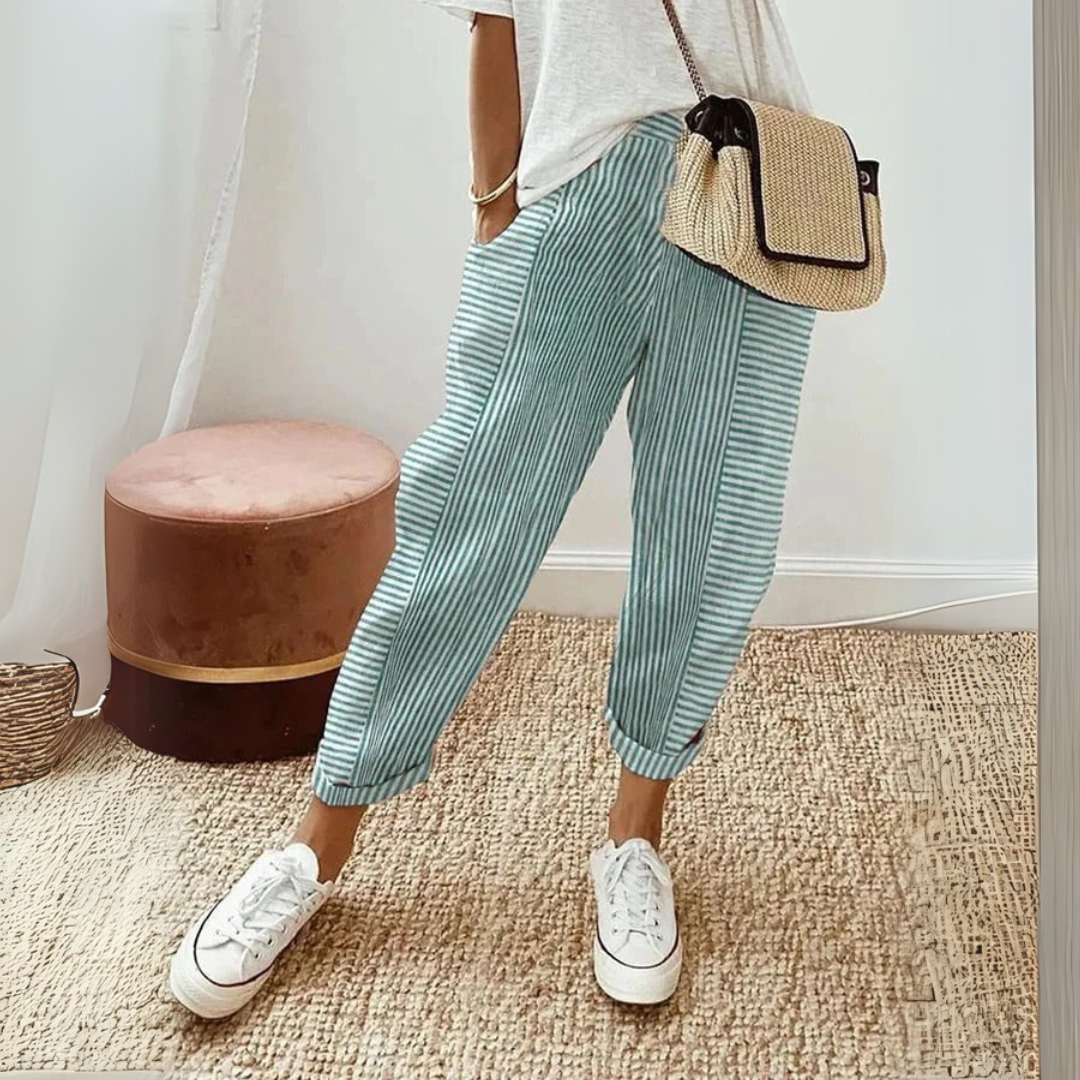 Britt - Casual Linnen Pantalon Dames met Gestreept Patroon en Elastische Enkels