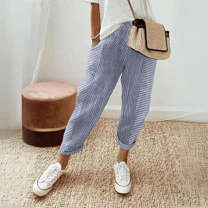 Britt - Casual Linnen Pantalon Dames met Gestreept Patroon en Elastische Enkels