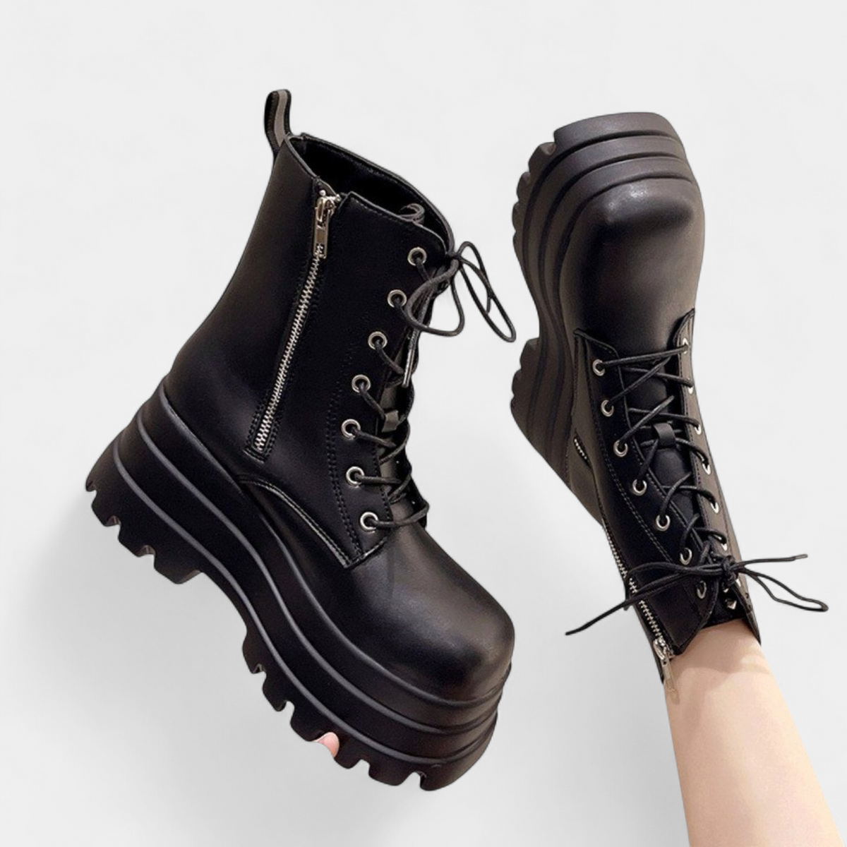 Britt - Dames Enkellaarzen Chunky met Hoge Plateauzool en Vetersluiting