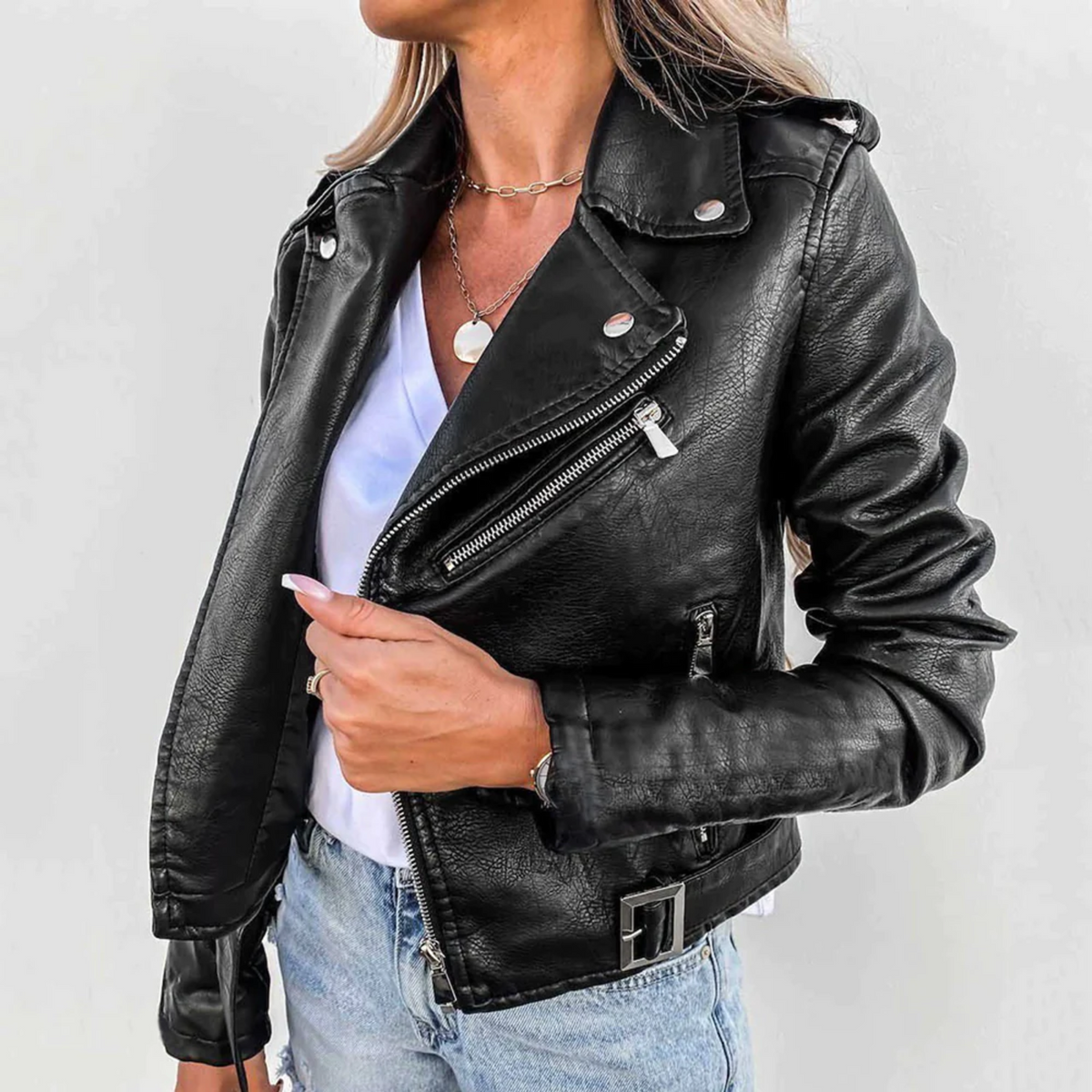 Britt - Dames Herfstjas Biker Stijl met Reverskraag en Schuine Ritssluiting