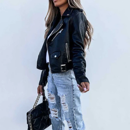 Britt - Dames Herfstjas Biker Stijl met Reverskraag en Schuine Ritssluiting