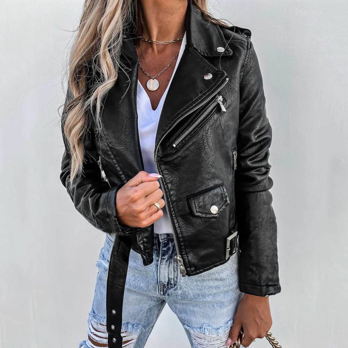 Britt - Dames Herfstjas Biker Stijl met Reverskraag en Schuine Ritssluiting