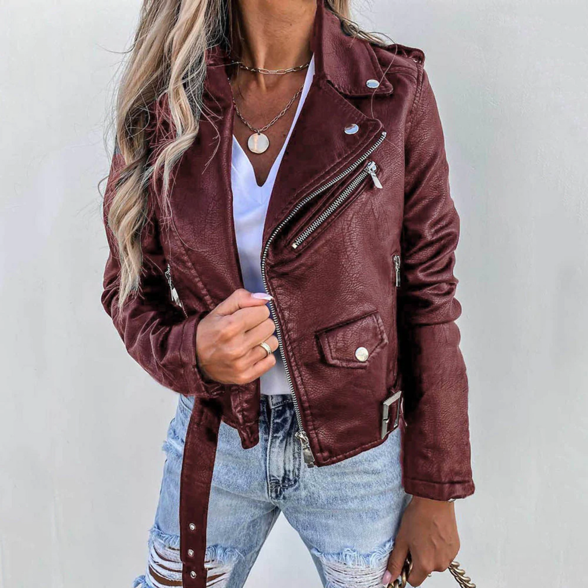 Britt - Dames Herfstjas Biker Stijl met Reverskraag en Schuine Ritssluiting
