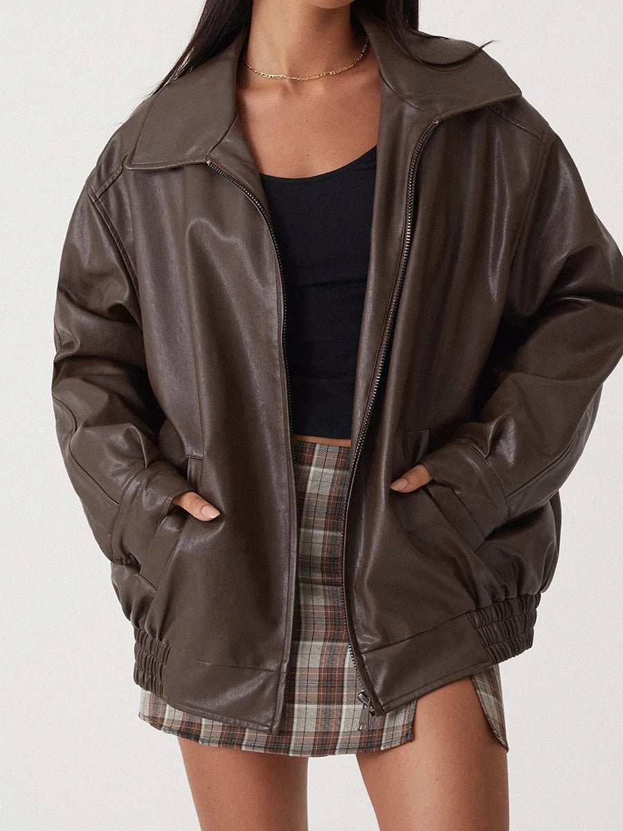Britt - Dames Leren Stijl Jas Oversized voor de Herfst met Ritssluiting en Kraag