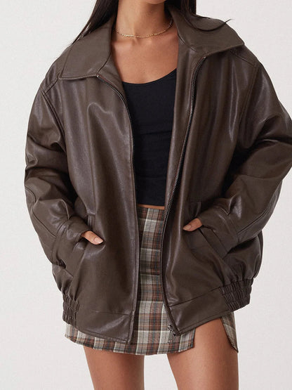 Britt - Dames Leren Stijl Jas Oversized voor de Herfst met Ritssluiting en Kraag