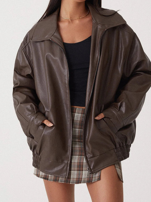 Britt - Dames Leren Stijl Jas Oversized voor de Herfst met Ritssluiting en Kraag