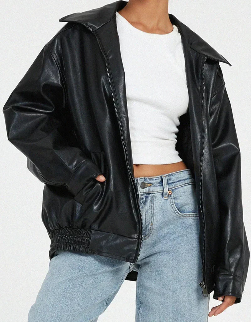 Britt - Dames Leren Stijl Jas Oversized voor de Herfst met Ritssluiting en Kraag