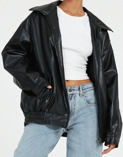 Britt - Dames Leren Stijl Jas Oversized voor de Herfst met Ritssluiting en Kraag