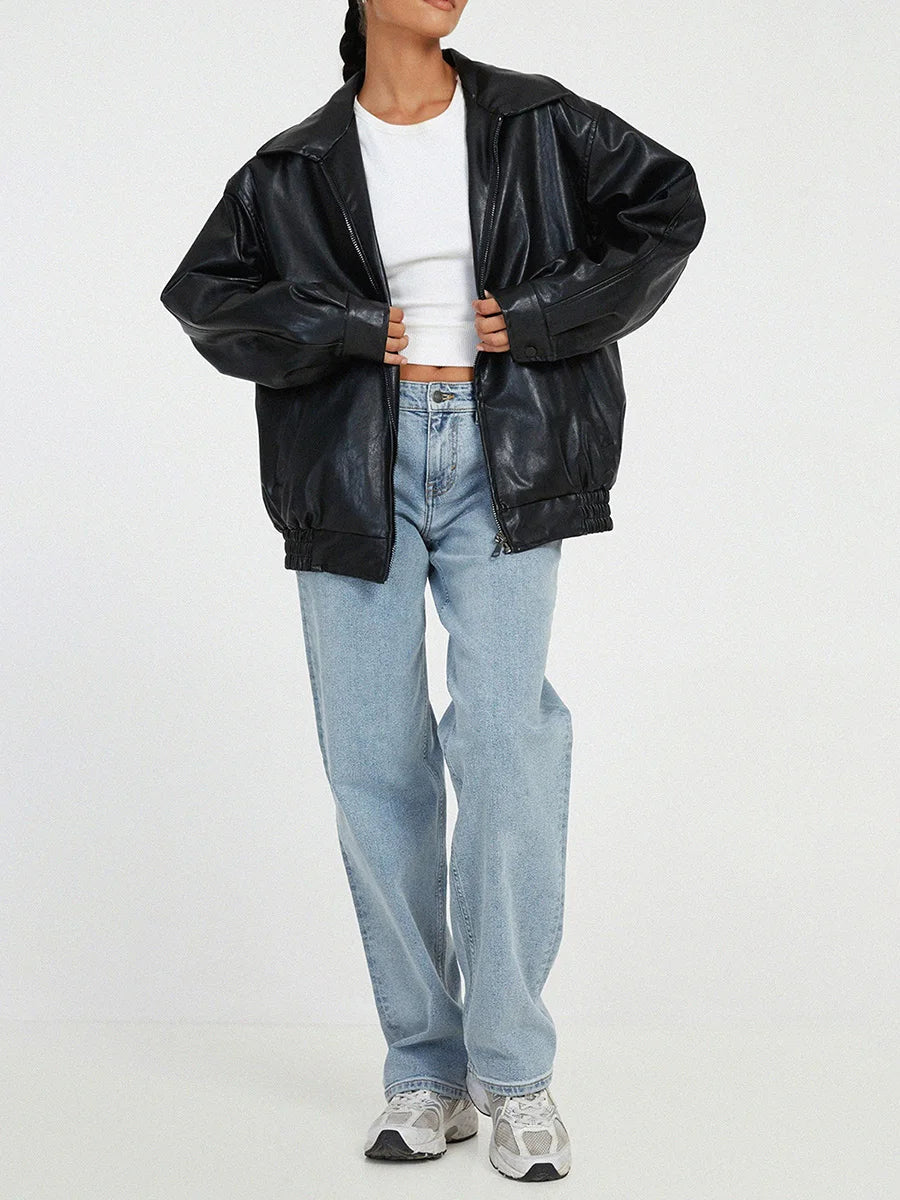 Britt - Dames Leren Stijl Jas Oversized voor de Herfst met Ritssluiting en Kraag