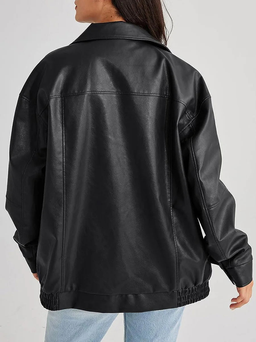 Britt - Dames Leren Stijl Jas Oversized voor de Herfst met Ritssluiting en Kraag