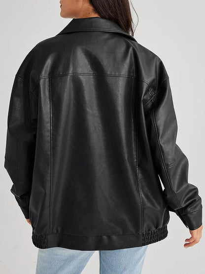 Britt - Dames Leren Stijl Jas Oversized voor de Herfst met Ritssluiting en Kraag