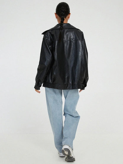 Britt - Dames Leren Stijl Jas Oversized voor de Herfst met Ritssluiting en Kraag