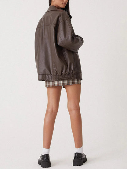 Britt - Dames Leren Stijl Jas Oversized voor de Herfst met Ritssluiting en Kraag