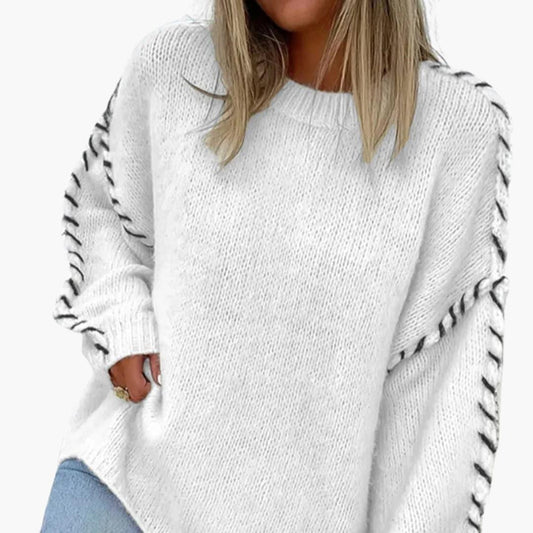 Britt - Dames Trui Grof Gebreid Oversized met Contrasterende Siersteek