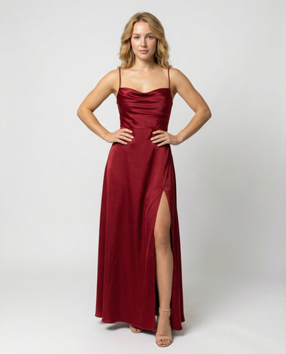 Britt - Elegante Bruiloft Gastenjurk Dames met Cowl-hals en Hoge Zielsplit