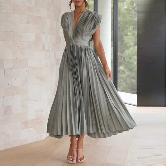 Britt - Elegante Bruiloft Gastenjurk Dames met Diepe V-hals en Geplooide Maxi-rok