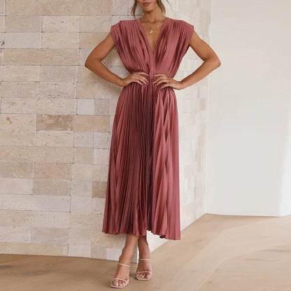 Britt - Elegante Bruiloft Gastenjurk Dames met Diepe V-hals en Geplooide Maxi-rok
