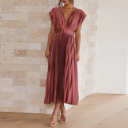 Britt - Elegante Bruiloft Gastenjurk Dames met Diepe V-hals en Geplooide Maxi-rok