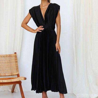 Britt - Elegante Bruiloft Gastenjurk Dames met Diepe V-hals en Geplooide Maxi-rok