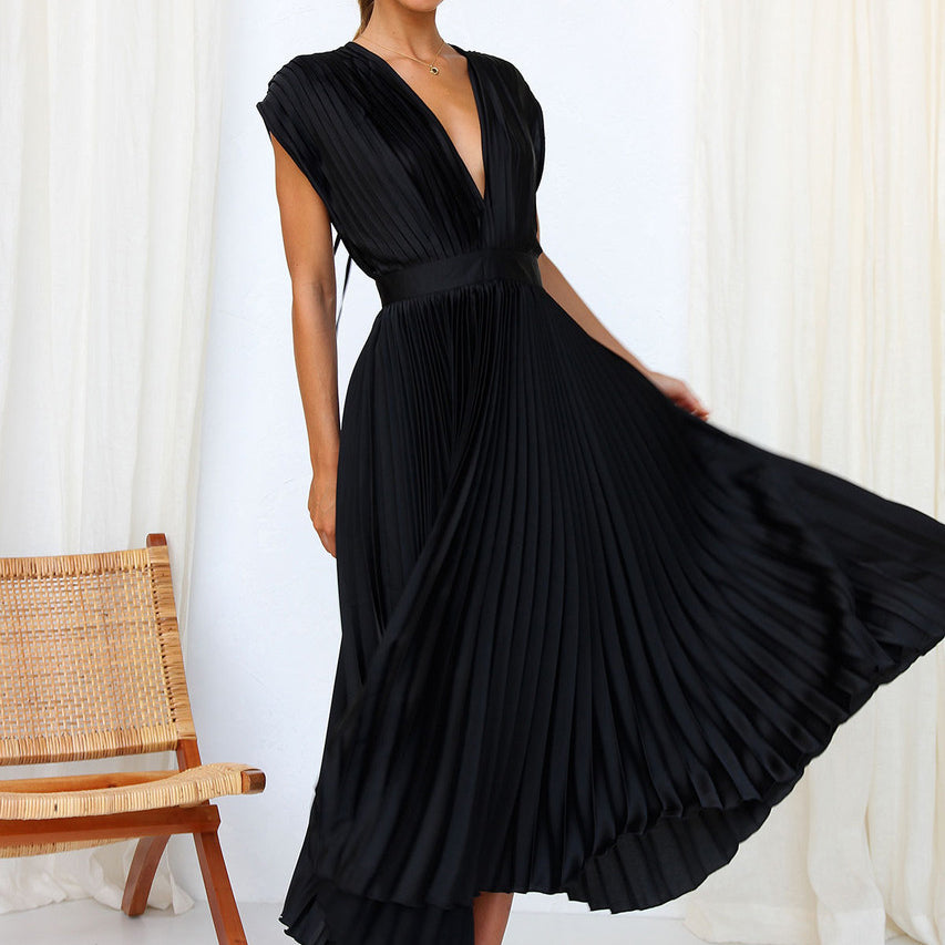 Britt - Elegante Bruiloft Gastenjurk Dames met Diepe V-hals en Geplooide Maxi-rok