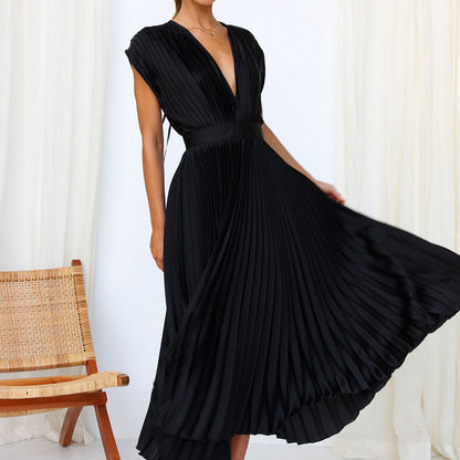 Britt - Elegante Bruiloft Gastenjurk Dames met Diepe V-hals en Geplooide Maxi-rok