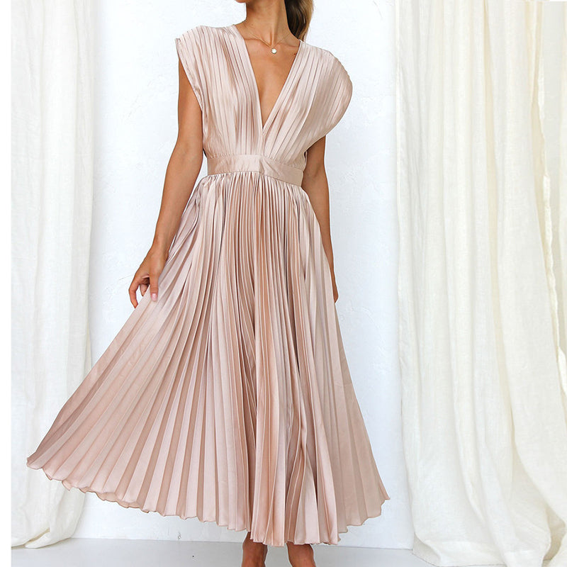 Britt - Elegante Bruiloft Gastenjurk Dames met Diepe V-hals en Geplooide Maxi-rok