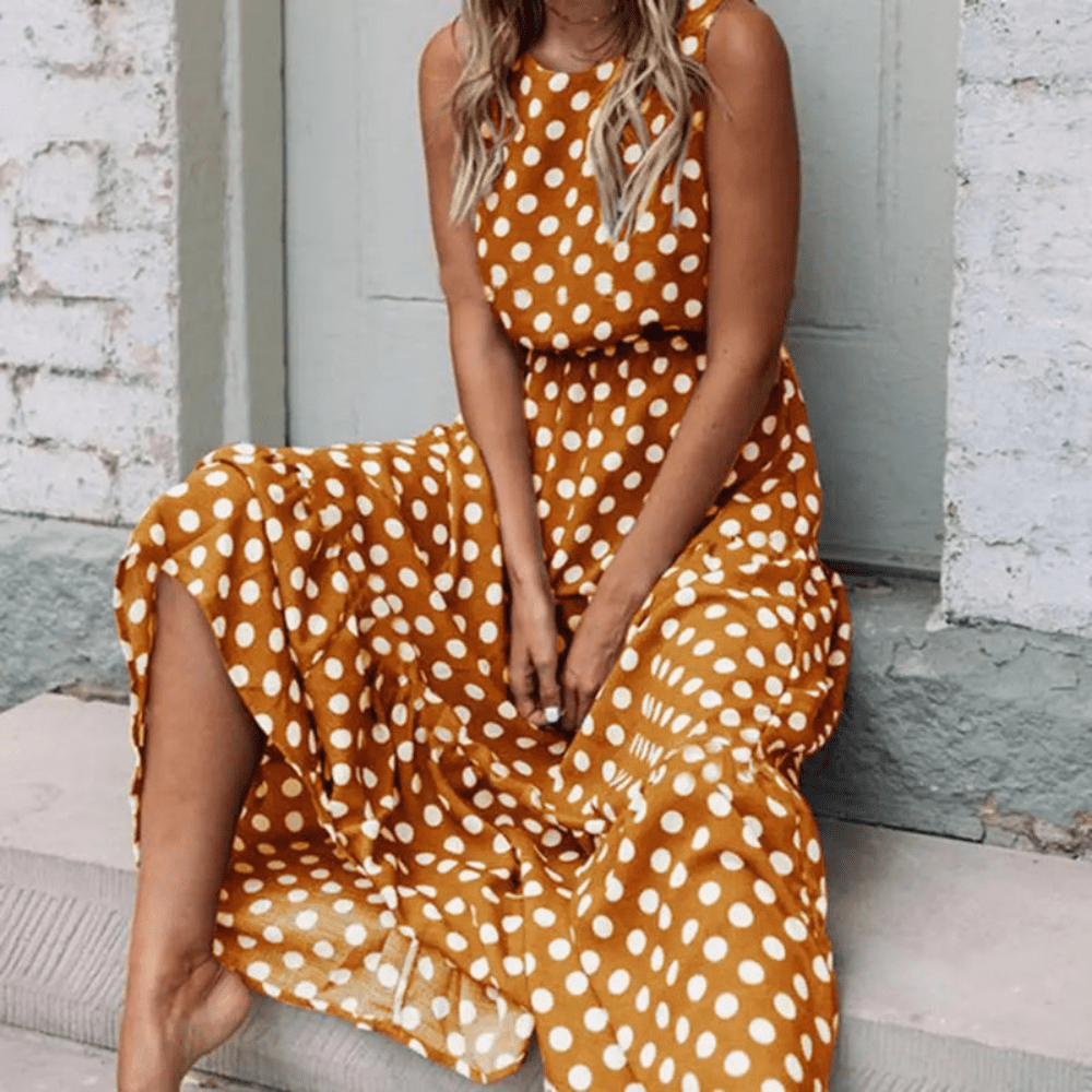 Britt - Vintage Maxi Jurk met Stippen Dames en Beensplit