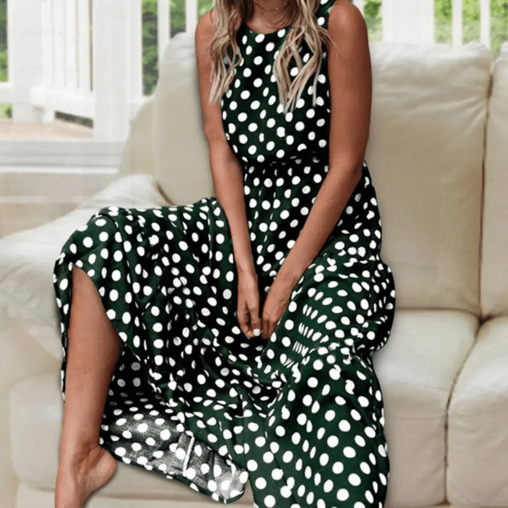 Britt - Vintage Maxi Jurk met Stippen Dames en Beensplit