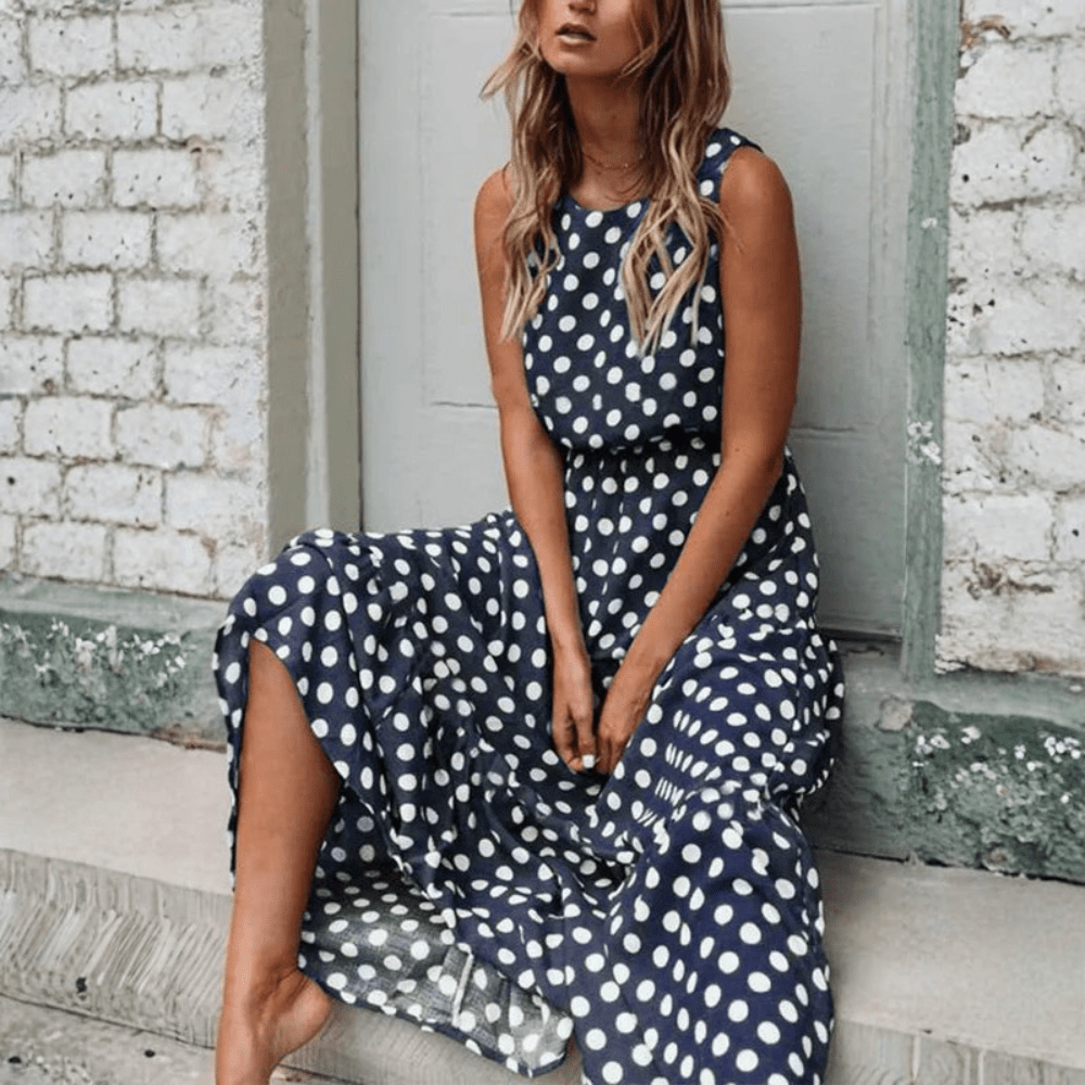 Britt - Vintage Maxi Jurk met Stippen Dames en Beensplit